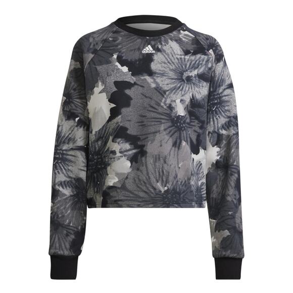 Adidas Allover Printed Sweatshirt Cropped Gray Floral - Picture 1 of 10